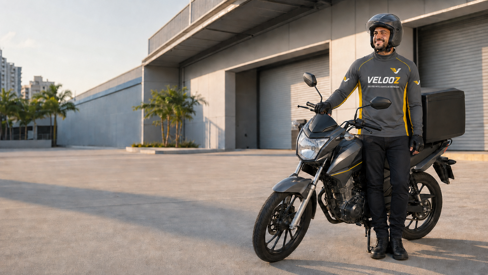 Motoboy profissional com uniforme cinza e amarelo ao lado de uma motocicleta de entregas